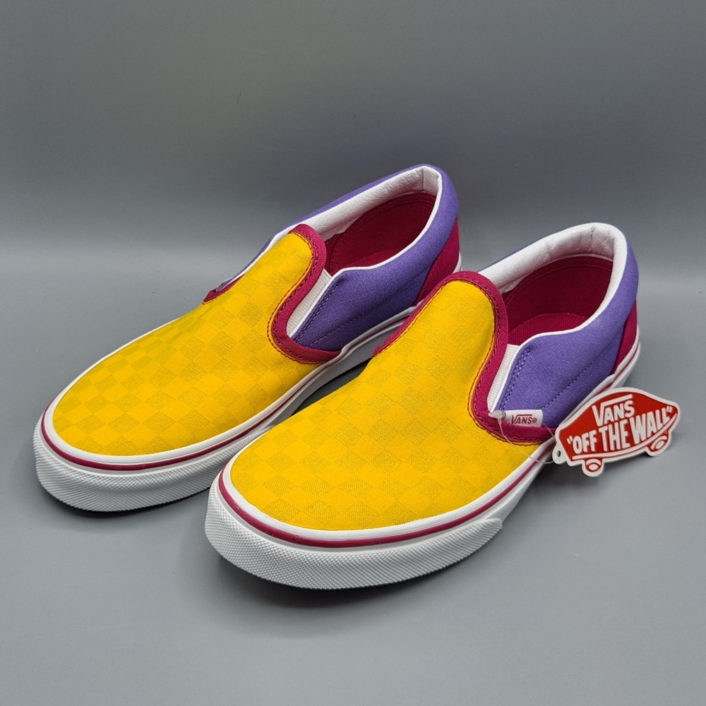 New Vans Classic Slip On Checkerboard Yellow Purple Red Junior 7 = Women's 8.5